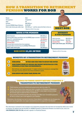 7
Name: 	 Bob
Occupation: 	 Carpenter
Age: 	 60
Income: 	 $60,000 p.a
Current BUSSQ Super Balance:	 $102,500
Bob’s take home pay (after tax):	 $47,853 p.a*
- and he uses all of this to live on.
		 *Based on 2014/15 tax rates.
WITH ATTR PENSION
MEET BOB
WITHOUT
ATTR PENSION
*Based on 2014/15 tax ratesBOB SAVES $3,281 INTAX!
Bob’s Income:	 $60,000 p.a.
Amount Bob salary sacrifices into his BUSSQ super account:	 $15,625 p.a.
Less 15% contributions tax:	 -$2,344 p.a.
Bob’s Taxable Salary:	 $44,375 p.a.
Income Tax:	 -$6,522
Income Bob receives from his employer:	 $37,853
Income Bob receives from his BUSSQ TTR Pension:	 $10,000
Bob’s take home pay:	 $47,853 p.a.
Bob’s Income:	 $60,000 p.a.
Bob’s Taxable Salary:	 $60,000
Income Tax:	 -$12,147*
Bob’s take home pay:	 $47,853 p.a.
1 BOB SAVES $3,281 INTAX AND USESTHISTO BOOST HIS SUPER
2 BOB EARNS MORE BY HAVING HIS MONEY INVESTED IN ATTR
PENSION (ATAX FREE ENVIRONMENT).
Bob will also earn approximately 1% higher investment returns on average than
his super account earns for the same investment option.
3 BOB KEEPS HIS SAMETAKE HOME PAY
THINGSTOTHINK ABOUT BEFORE STARTING A
TRANSITIONTO RETIREMENT PENSION
„„ Check whether you have reached your preservation age (see page 10).
„„ Work out how much of your super you want to transfer to a Transition to Retirement
Pension.You need to leave a small balance, ($2,500) in your super account to keep
the account open to allow for future contributions.
„„ If you receive Centrelink benefits, this strategy may affect your Centrelink payments.
So talk to us first to see if this applies to your situation.
Remember, this strategy is not set in concrete. If your situation changes, you can change your
pension and, if applicable, your super contributions too. It is important to be flexible!
HOW A TRANSITION TO RETIREMENT
PENSION WORKS FOR BOB
The information contained in this example is for illustrative purposes only and does not necessarily reflect your needs
or situation.To explore how the benefits of a BUSSQ Transition to Retirement Pension can work for you, call us on
1800 PENSION (1800 736 746) and ask to speak to a Financial Planner.
BENEFITS OF ATRANSITIONTO RETIREMENT PENSION
 