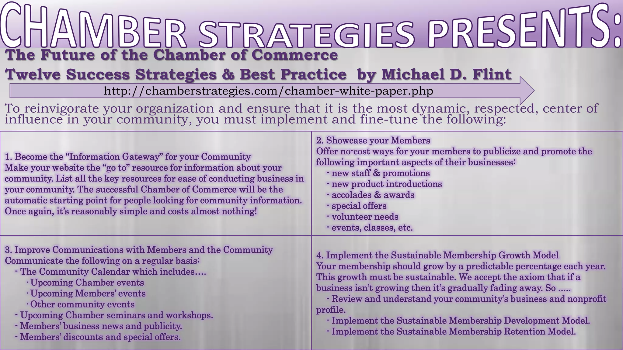 The Future of the Chamber of Commerce
Twelve Success Strategies & Best Practice by Michael D. Flint
To reinvigorate your organization and ensure that it is the most dynamic, respected, center of
influence in your community, you must implement and fine-tune the following:
http://chamberstrategies.com/chamber-white-paper.php
1. Become the “Information Gateway” for your Community
Make your website the “go to” resource for information about your
community. List all the key resources for ease of conducting business in
your community. The successful Chamber of Commerce will be the
automatic starting point for people looking for community information.
Once again, it’s reasonably simple and costs almost nothing!
2. Showcase your Members
Offer no-cost ways for your members to publicize and promote the
following important aspects of their businesses:
- new staff & promotions
- new product introductions
- accolades & awards
- special offers
- volunteer needs
- events, classes, etc.
3. Improve Communications with Members and the Community
Communicate the following on a regular basis:
- The Community Calendar which includes….
· Upcoming Chamber events
· Upcoming Members’ events
· Other community events
- Upcoming Chamber seminars and workshops.
- Members’ business news and publicity.
- Members’ discounts and special offers.
4. Implement the Sustainable Membership Growth Model
Your membership should grow by a predictable percentage each year.
This growth must be sustainable. We accept the axiom that if a
business isn’t growing then it’s gradually fading away. So .....
- Review and understand your community’s business and nonprofit
profile.
- Implement the Sustainable Membership Development Model.
- Implement the Sustainable Membership Retention Model.
 