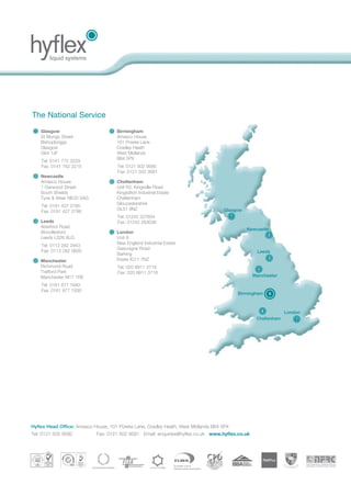 liquid waterproofing systems – providing the solution
The national cold applied
waterproofing specialist
Glasgow
St Mungo Street
Bishopbriggs
Glasgow
G64 1JF
	 Tel: 0141 772 3229
	 Fax: 0141 762 2215
Newcastle
Amasco House
1 Garwood Street
South Shields
Tyne  Wear NE33 5AG
	 Tel: 0191 427 2785
	 Fax: 0191 427 2786
Leeds
Aberford Road
Woodlesford
Leeds LS26 8LG
	 Tel: 0113 282 2943
	 Fax: 0113 282 0800
Manchester
Richmond Road
Trafford Park
Manchester M17 1RE
	 Tel: 0161 877 1940
	 Fax: 0161 877 1930
Birmingham
Amasco House
101 Powke Lane
Cradley Heath
West Midlands
B64 5PX
	Tel: 0121 502 9580
Fax: 0121 502 9581
Cheltenham
Unit R2, Kingsville Road
Kingsditch Industrial Estate
Cheltenham
Gloucestershire
GL51 9NZ
	 Tel: 01242 227654
Fax: 01242 263038
London
Unit 6
New England Industrial Estate
Gascoigne Road
Barking
Essex IG11 7NZ
	Tel: 020 8911 3719
 ­Fax: 020 8911 3718
Hyflex Head Office: Amasco House, 101 Powke Lane, Cradley Heath, West Midlands B64 5PX
Tel: 0121 502 9580	 Fax: 0121 502 9581 Email: enquiries@hyflex.co.uk www.hyflex.co.uk
The National Service
European Liquid
Waterproofing Association
Hyflex10Plus
IncorporatingHyflexBaseSheetcoldappliedforapplicationovercompressiblesubstrates
Hyflex10Profile
Thecoldappliedwaterproofingsystemforpitchedandprofiledroofs
ExemplarRoofing
Thecompleteliquidcoldappliedreinforcedroofwaterproofingsystem
ExemplarforBalconiesandWalkways
Theheavydutycoldappliedreinforcedwaterproofingandsurfacingsystemforbalconies,walkways,rampsandterraces
Hyflex10
Thecoldappliedhighperformancespecification
LIquidAppliedWaterproofing
TheSystems
Hyflex15
Thecoldappliedtopoftherangespecification
 