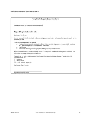 January 29, 2015 Third Party Material Procurement Overview NH
Attachment 3.2: Request for product specific data (1)
Template for Supplier Declaration Form
(Use letter layout for external correspondence)
Request for product specific data
Ladies and Gentlemen,
. In order to comply with foreign trade and customs legislation we require various product-specific details for the
products you sell.
Could you please therefore let us know
 The classification according to the U.S. Export Administration Regulations the case of US products
(ECCN according to the U.S. Commerce Control List)
 The HS code
 The country of consignment/origin (LKZ) of the goods requested/ordered
Without this information it is not possible to ensure full compliance with the relevant legal requirements. The
information forms part of the commercial terms.
Please enter the code in the boxes provided for each item specified (see enclosure). Please return the
completed list to the
( ) address
( ) fax number
( ) e-mail address shown in
the header. Many thanks.
..............................................................................
Signature, company stamp
 