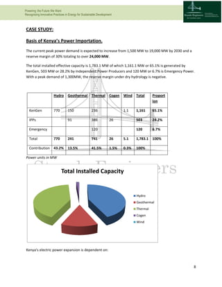 Powering the Future We Want
Recognizing Innovative Practices in Energy for Sustainable Development
8
CASE STUDY:
Basis of Kenya’s Power Importation.
The current peak power demand is expected to increase from 1,500 MW to 19,000 MW by 2030 and a
reserve margin of 30% totaling to over 24,000 MW.
The total installed effective capacity is 1,783.1 MW of which 1,161.1 MW or 65.1% is generated by
KenGen, 503 MW or 28.2% by Independent Power Producers and 120 MW or 6.7% is Emergency Power.
With a peak demand of 1,300MW, the reserve margin under dry hydrology is negative.
Hydro Geothermal Thermal Cogen Wind Total Proport
ion
KenGen 770 150 236 1.1 1,161 65.1%
IPPs 91 386 26 503 28.2%
Emergency 120 120 6.7%
Total 770 241 741 26 5.1 1,783.1 100%
Contribution 43.2% 13.5% 41.5% 1.5% 0.3% 100%
Power units in MW
Kenya’s electric power expansion is dependent on:
Total Installed Capacity
Hydro
Geothermal
Thermal
Cogen
Wind
 