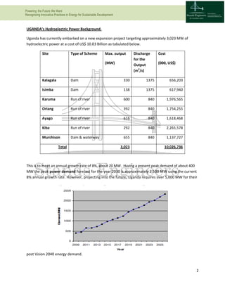 Powering the Future We Want
Recognizing Innovative Practices in Energy for Sustainable Development
2
UGANDA’s Hydroelectric Power Background.
Uganda has currently embarked on a new expansion project targeting approximately 3,023 MW of
hydroelectric power at a cost of US$ 10.03 Billion as tabulated below.
Site Type of Scheme Max. output
(MW)
Discharge
for the
Output
(m3
/s)
Cost
(000, US$)
Kalagala Dam 330 1375 656,203
Isimba Dam 138 1375 617,940
Karuma Run of river 600 840 1,976,565
Oriang Run of river 392 840 1,754,255
Ayago Run of river 616 840 1,618,468
Kiba Run of river 292 840 2,265,578
Murchison Dam & waterway 655 840 1,137,727
Total 3,023 10,026,736
This is to meet an annual growth rate of 8%, about 20 MW. Having a present peak demand of about 400
MW the peak power demand forecast for the year 2030 is approximately 2,500 MW using the current
8% annual growth rate. However, projecting into the future, Uganda requires over 5,000 MW for their
post Vision 2040 energy demand.
 