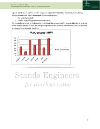 Powering the Future We Want
Recognizing Innovative Practices in Energy for Sustainable Development
3
Uganda stands out as a prime country for power exportation to the East African countries; Kenya,
Burundi and Rwanda, for its advantaged in the following ways;
 It is centrally located.
 There is an existing power line infrastructure.
The Energy Sector is one of the key sectors in the Ugandan economy with a general objective to generate
power that will be able to meet the ever-growing needs of the domestic market and a surplus that would
be exported to neighboring countries.
0
100
200
300
400
500
600
700
Max. output (MW)
Max. output (MW)
 