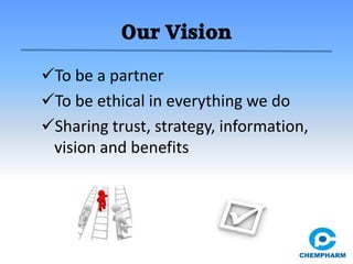 Our Vision
To be a partner
To be ethical in everything we do
Sharing trust, strategy, information,
vision and benefits
 