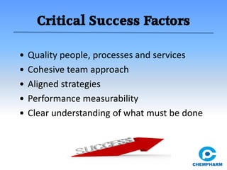 Critical Success Factors
• Quality people, processes and services
• Cohesive team approach
• Aligned strategies
• Performance measurability
• Clear understanding of what must be done
 