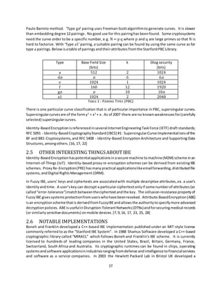 17
Paulo Barreto method. ‘Type gn’ pairing uses Freeman-Scottalgorithmto generate curves. It is slower
than embeddingdegree 12 pairings. No good use for this pairinghas beenfound. Some cryptosystems
need the curve order to be a specific number, e.g. N = p q where p and q are large primes so that N is
hard to factorize. With ‘Type a1’ pairing, a suitable pairing can be found by using the same curve as for
type a pairings. Belowisatable of pairings andtheirattributes fromthe StanfordPBCLibrary.
Type Base Field Size
(bits)
k Dlog security
(bits)
a 512 2 1024
dn n 6 6n
e 1024 1 1024
f 160 12 1920
gn n 10 10n
a1 1024 2 2048
TABLE 1 - PAIRING TYPES (PBC)
There is one particular curve classification that is of particular importance in PBC, supersingular curves.
Supersingularcurvesare of the formy2
= x3
+ x. As of 2007 there are no known weaknessesfor(carefully
selected) supersingularcurves.
Identity-BasedEncryptionisreferencedinseveralInternetEngineeringTaskForce (IETF) draft standards;
RFC 5091 - Identity-BasedCryptographyStandard(IBCS) #1: SupersingularCurve Implementationsof the
BF and BB1 Cryptosystems, and RFC 5408 - Identity-Based Encryption Architecture and Supporting Data
Structures,amongothers. [16, 17, 22]
2.5 OTHER INTERESTING THINGSABOUTIBE
Identity-BasedEncryptionhaspotentialapplicationsinasecure machine tomachine(M2M) scheme inan
Internet-of-Things (IoT). Identity-based proxy re-encryption schemes can be derived from existing IBE
schemes. ProxyRe-Encryption(PRE) hasmanypractical applicationslikeemailforwarding,distributedfile
systems, andDigital RightsManagement (DRM).
In Fuzzy IBE, users’ keys and ciphertexts are associatedwith multiple descriptive attributes,ex. a user’s
identityandtime. A user’skey can decrypt a particular ciphertextonlyif some numberof attributes(so
called“error-tolerance”)matchbetweentheciphertextandthe key. The collusion-resistance propertyof
FuzzyIBE givessystems protectionfromuserswhohave beenrevoked. Attribute-BasedEncryption(ABE)
isan encryptionscheme thatis derivedfromFuzzyIBEandallowsthe authoritytospecifymore advanced
decryptionpolicies. ABEisusefulinDisruption-TolerantNetworks(DTNs)andforsecuring medical records
(or similarlysensitive documents) onmobile devices.[7,9,16, 17, 23, 25, 28]
2.6 NOTABLE IMPLEMENTATIONS
Boneh and Franklin developed a C++-based IBE implementation published under an MIT-style license
commonly referred to as the “Stanford IBE System”. In 1988 Shamus Software developed a C++-based
cryptographic library called “MIRACL” which follows Boneh and Franklin's IBE scheme. It is currently
licensed to hundreds of leading companies in the United States, Brazil, Britain, Germany, France,
Switzerland, South Africa and Australia. Its cryptographic runtimes can be found in chips, operating
systemsandsoftware applicationsinindustriesrangingfromdefense andintelligence tofinancialservices
and software as a service companies. In 2003 the Hewlett Packard Lab in Bristol UK developed a
 
