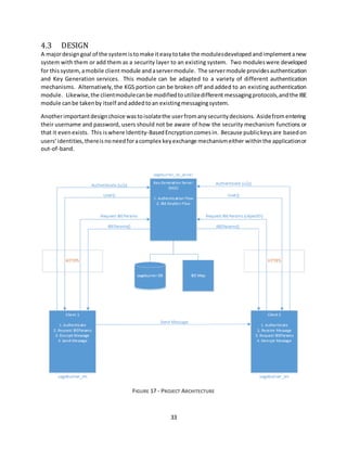 33
4.3 DESIGN
A majordesigngoal of the system istomake iteasy totake the modulesdeveloped andimplementanew
system with them or add them as a security layer to an existing system. Two moduleswere developed
for thissystem,amobile clientmodule andaservermodule. The servermodule providesauthentication
and Key Generation services. This module can be adapted to a variety of different authentication
mechanisms. Alternatively,the KGS portion can be broken off and added to an existing authentication
module. Likewise,the clientmodulecanbe modifiedtoutilizedifferent messagingprotocols,andthe IBE
module canbe takenby itself andaddedtoan existingmessagingsystem.
Anotherimportantdesignchoice wastoisolatethe userfromanysecuritydecisions. Asidefromentering
their username and password, users should not be aware of how the security mechanism functions or
that it evenexists. This iswhere Identity-BasedEncryptioncomesin. Because publickeysare basedon
users’identities,thereisnoneedforacomplex keyexchange mechanismeither withinthe applicationor
out-of-band.
FIGURE 17 - PROJECT ARCHITECTURE
 