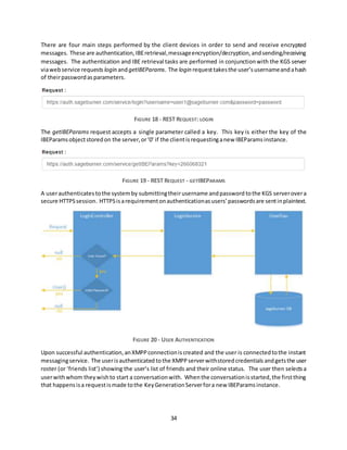 34
There are four main steps performed by the client devices in order to send and receive encrypted
messages. These are authentication,IBEretrieval,messageencryption/decryption,andsending/receiving
messages. The authentication and IBE retrieval tasks are performed in conjunctionwith the KGS server
viawebservice requests login andgetIBEParams. The login requesttakesthe user’susernameandahash
of theirpasswordasparameters.
FIGURE 18 - REST REQUEST: LOGIN
The getIBEParams request accepts a single parameter called a key. This key is either the key of the
IBEParamsobjectstoredon the server,or‘0’ if the clientisrequestinganew IBEParamsinstance.
FIGURE 19 - REST REQUEST - GETIBEPARAMS
A userauthenticates tothe systemby submittingtheirusername andpassword tothe KGS serverovera
secure HTTPSsession. HTTPSisarequirementonauthenticationasusers’passwordsare sentinplaintext.
FIGURE 20 - USER AUTHENTICATION
Upon successful authentication,anXMPPconnectioniscreated and the user is connectedtothe instant
messagingservice. The userisauthenticated tothe XMPPserverwithstoredcredentials andgetsthe user
roster (or ‘friends list’) showing the user’s list of friends and their online status. The user then selectsa
userwithwhom theywishto start a conversationwith. Whenthe conversationisstarted,the firstthing
that happensisa requestismade tothe KeyGenerationServerfora new IBEParamsinstance.
 
