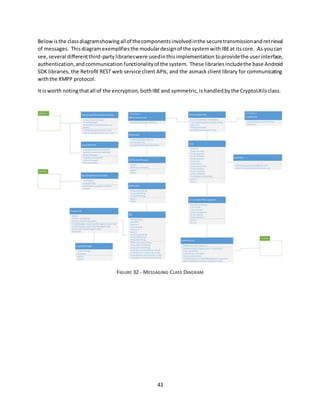 43
Belowisthe classdiagramshowingallof thecomponentsinvolvedinthe securetransmissionandretrieval
of messages. Thisdiagramexemplifiesthe modulardesignof the systemwithIBEat itscore. As youcan
see,several differentthird-partylibrarieswere usedinthisimplementation toprovidethe userinterface,
authentication,andcommunication functionalityof the system. These libraries includethe base Android
SDK libraries, the Retrofit REST web service client APIs, and the asmack client library for communicating
withthe XMPP protocol.
It isworth notingthatall of the encryption,bothIBE and symmetric,ishandledbythe CryptoUtilsclass.
FIGURE 32 - MESSAGING CLASS DIAGRAM
 