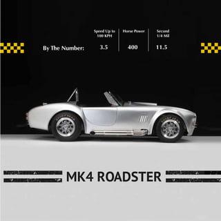 3
By The Number:
Speed Up to
100 KPH
Horse Power Second
1/4 Mil
3.5		400		11.5
MK4 ROADSTER
 