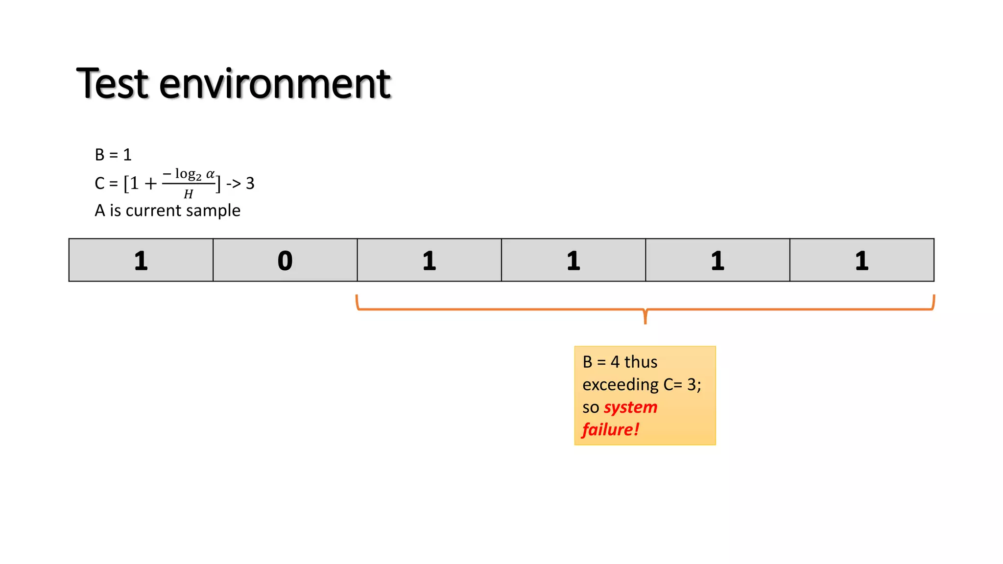 Test environment
B = 1
C = [1 +
− log2 𝛼
𝐻
] -> 3
A is current sample
B = 4 thus
exceeding C= 3;
so system
failure!
 