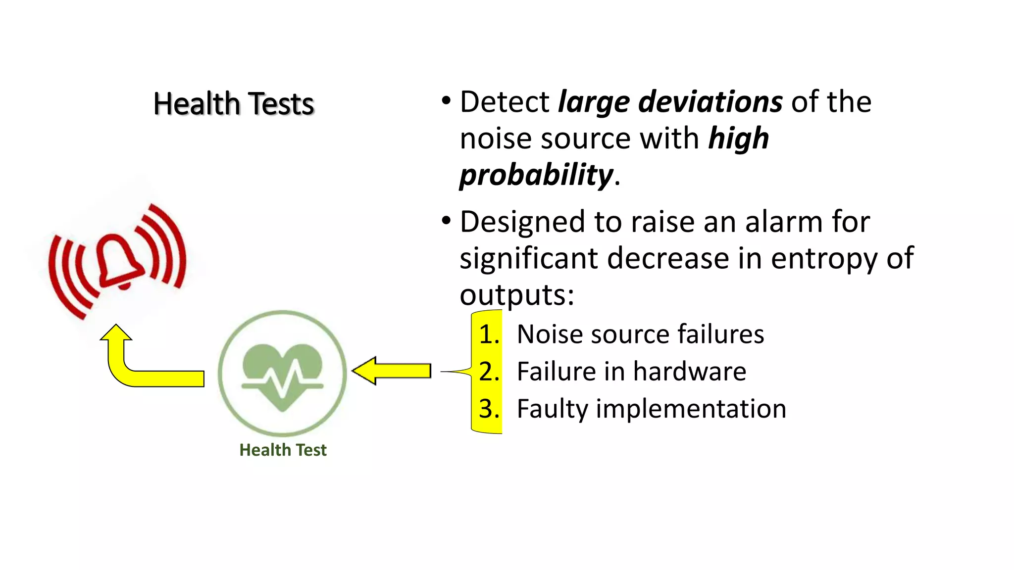 Health Tests • Detect large deviations of the
noise source with high
probability.
• Designed to raise an alarm for
significant decrease in entropy of
outputs:
1. Noise source failures
2. Failure in hardware
3. Faulty implementation
Health Test
 
