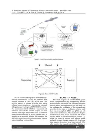 K. SwathiInt. Journal of Engineering Research and Applications www.ijera.com 
ISSN : 2248-9622, Vol. 4, Issue 9( Version 5), September 2014, pp.28-34 
www.ijera.com 29|P a g e 
Figure 1: Hybrid Terrestrial-Satellite System. 
Figure 2: Basic MIMO model. 
OFDM is found to be a popular method for high- data-rate transmissions. It may be combined with multiple antennas at both the access point and receiver section to increase diversity gain and/or enhance system capacity on a time-varying multipath fading channel, resulting in a MIMO-OFDM system. The combination MIMO-OFDM is very natural and beneficial since OFDM enables support of more antennas and larger bandwidths since it simplifies equalization dramatically in MIMO systems and it is regarded as a promising solution for enhancing the data rates of next-generation communication systems supporting a large customer base. 
III. SYSTEM MODEL. 
The block diagram of MIMO-OFDM system model [1]is presented in Fig 3 respectively with the beamforming at the satellite end. The data generation block or source generates random data and sends it to the Modulator for modulation of the generated data according to the type of modulation scheme used. Here we are using both BPSK and QPSK and will analyze their performance. After modulation the pilot insertion takes place. Pilots are known data to the receiver which is used to estimate the channel [5]. Pilots can either be inserted with specific period uniformly between the data sequence [6]. Here in our data sequence five pilots have been inserted. After pilot insertion the mapped output of the data the in  