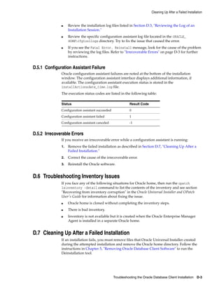 Cleaning Up After a Failed Installation
Troubleshooting the Oracle Database Client Installation D-3
■ Review the installation log files listed in Section D.3, "Reviewing the Log of an
Installation Session."
■ Review the specific configuration assistant log file located in the ORACLE_
HOMEcfgtoollogs directory. Try to fix the issue that caused the error.
■ If you see the Fatal Error. Reinstall message, look for the cause of the problem
by reviewing the log files. Refer to "Irrecoverable Errors" on page D-3 for further
instructions.
D.5.1 Configuration Assistant Failure
Oracle configuration assistant failures are noted at the bottom of the installation
window. The configuration assistant interface displays additional information, if
available. The configuration assistant execution status is stored in the
installActionsdate_time.log file.
The execution status codes are listed in the following table:
Status Result Code
Configuration assistant succeeded 0
Configuration assistant failed 1
Configuration assistant canceled -1
D.5.2 Irrecoverable Errors
If you receive an irrecoverable error while a configuration assistant is running:
1. Remove the failed installation as described in Section D.7, "Cleaning Up After a
Failed Installation."
2. Correct the cause of the irrecoverable error.
3. Reinstall the Oracle software.
D.6 Troubleshooting Inventory Issues
If you face any of the following situations for Oracle home, then run the opatch
lsinventory -detail command to list the contents of the inventory and see section
"Recovering from inventory corruption" in the Oracle Universal Installer and OPatch
User's Guide for information about fixing the issue.
■ Oracle home is cloned without completing the inventory steps.
■ There is bad inventory.
■ Inventory is not available but it is created when the Oracle Enterprise Manager
Agent is installed in a separate Oracle home.
D.7 Cleaning Up After a Failed Installation
If an installation fails, you must remove files that Oracle Universal Installer created
during the attempted installation and remove the Oracle home directory. Follow the
instructions in Chapter 5, "Removing Oracle Database Client Software" to run the
Deinstallation tool.
 