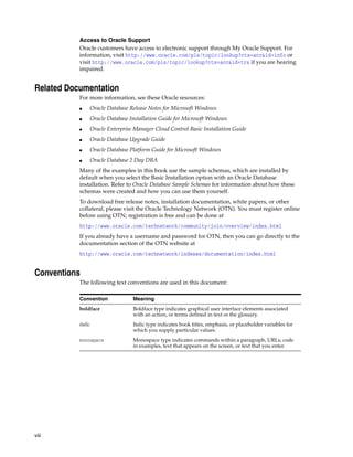 viii
Access to Oracle Support
Oracle customers have access to electronic support through My Oracle Support. For
information, visit http://www.oracle.com/pls/topic/lookup?ctx=acc&id=info or
visit http://www.oracle.com/pls/topic/lookup?ctx=acc&id=trs if you are hearing
impaired.
Related Documentation
For more information, see these Oracle resources:
■ Oracle Database Release Notes for Microsoft Windows
■ Oracle Database Installation Guide for Microsoft Windows
■ Oracle Enterprise Manager Cloud Control Basic Installation Guide
■ Oracle Database Upgrade Guide
■ Oracle Database Platform Guide for Microsoft Windows
■ Oracle Database 2 Day DBA
Many of the examples in this book use the sample schemas, which are installed by
default when you select the Basic Installation option with an Oracle Database
installation. Refer to Oracle Database Sample Schemas for information about how these
schemas were created and how you can use them yourself.
To download free release notes, installation documentation, white papers, or other
collateral, please visit the Oracle Technology Network (OTN). You must register online
before using OTN; registration is free and can be done at
http://www.oracle.com/technetwork/community/join/overview/index.html
If you already have a username and password for OTN, then you can go directly to the
documentation section of the OTN website at
http://www.oracle.com/technetwork/indexes/documentation/index.html
Conventions
The following text conventions are used in this document:
Convention Meaning
boldface Boldface type indicates graphical user interface elements associated
with an action, or terms defined in text or the glossary.
italic Italic type indicates book titles, emphasis, or placeholder variables for
which you supply particular values.
monospace Monospace type indicates commands within a paragraph, URLs, code
in examples, text that appears on the screen, or text that you enter.
 