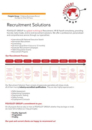 Recruitment Solutions
Polyglot Group // Helping Businesses Recruit
the Best for Over 20 Years
Job Profiling
Job Profiling Recruitment
Strategy
Sourcing Interviewing
Testing &
Assessing
Interviews
Assistance
Short-Listing
Reference
Checking &
Negotiating
Post-
Placement
Understanding
of your
Employer Value
Drafting or
Review of the
Job Description
Advice on
Salary Package
Definition of
Recruitment
Strategy
Online & Offline
Channels
Optimisation of
the Employer
Brand
Extensive
Candidate
Database Search
Online & Offline
Channels
Optimisation of
the Employer
Brand
Behavioural
& Compentency
Based
Interviewing
Techniques
Skills Tests
&
Psychometric
Assessments
Preparation
of Detailed
Confidential
Candidates’
Summary
Reports
Organisation
of
Interviews
Progress Tracking
& Monitoring
Assessment of
Feedbacks
Coherence
2 to 3
Reference
Checks
Assistance with
Final Negotiations
(remuniration
package, offer &
drafting of letter
of offer)
Regular
Follow-Ups
Flad any
Potential Issues
with
HR/Hiring
Manager
Our Recruitment Solutions Team consists of passionate specialists with sharp minds,
all of them having industry-accredited qualifications. They are also highly experienced in:
	 • Skills Assessment
	 • Advertising Campaigns
	 • Psychometric Testing
	 • Salary Surveys
	 • Employment Contracts
POLYGLOT GROUP’s commitment to you:
On all projects that we take on here at POLYGLOT GROUP, whether they be large or small,
we never fail to follow our 3 key principles:
	 • Quality Approach
	 • Pragmatism
	 • Probity
Our past and current clients are happy to recommend us!
POLYGLOT GROUP is a global multilingual Recruitment, HR & Payroll consultancy, providing
five-star, tailor-made, end to end recruitment solutions. We offer a professional, personalised
and comprehensive service through our specialities:
• International & National Executive Search
• Permanent Recruitment
• Contracting
• On-hire Casual (from 4 hours to 12 months)
• Graduate Recruitment Campaigns
• Talent Acquisition Events
• Recruitment Projects
Our Recruitment Process:
 
