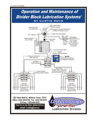 Operation and Maintenance of
Divider Block Lubrication Systems
BY CURTIS ROYS
c
Atmospheric Rupture Assembly
on Back of Anchor Cross
S.S. Tubing
S.S. Liquid Filled
Pressure Gauge
Purge Port Connection
Lubricator Gear Box
Pressure Indicators
With Memory
Lubricator
Pump
Master
Divider Valve Assembly
proflo
Divider Block Monitor
& Shutdown Protection
Oil Supply
NeoMag
Cycle Indicator
Discharge Side
of Lube Pump
High Pressure
In-Line Filter
Injection
Check Valves
Cylinder or
Rod Packing
Injection points
Secondary
Divider Valve Assembly
(All lubrication systems do not
require secondary divider valves)
Base Section
Discharge Check Valves
U.S. $19.99 / CAN. $29.99
Set
Mode
T
C
C "PROTECTING COMPRESSORS WORLD WIDE"
Midland, Texas 1-800-664-4033
C. C. Technology Inc.
prO
flOCLASS I, DIV II
Groups A,B,C,D
NRTL/C
IrDA PORT
AVG 20
RR
M o d e l - P F 1
US Copyright Registered 2001
T
C
C
Injection
Check Valves
Cylinder or
Rod Packing
Injection points
3201 West Wall St. Midland, Texas 79701
Office: (432) 520-6700 Fax: (432) 520-6707
Toll free: 1-800-664-4033
Visit Us on the Web: www.cct.nu
email: curtis@cct.nu
CCT- Delta-P
Filter Adapter
with Low Pressure
Non By-Pass
In-line filter
25
50
75
100
125
150
IIII II
I
II
II
I
I
I
I
I
I
I
I
II
I
I
I
I
II
I
II
25
50
75
100
125
150
IIII II
I
II
II
I
I
I
I
I
I
I
I
II
I
I
I
I
II
I
II
B-118
 