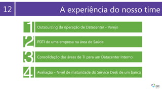 11 A experiência do nosso time12
1Outsourcing da operação de Datacenter - Varejo
2 PDTI de uma empresa na área de Saúde
3 Consolidação das áreas de TI para um Datacenter Interno
4 Avaliação - Nível de maturidade do Service Desk de um banco
 
