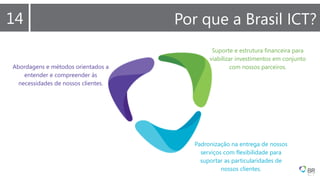 1414 Por que a Brasil ICT?
Abordagens e métodos orientados a
entender e compreender às
necessidades de nossos clientes.
Suporte e estrutura financeira para
viabilizar investimentos em conjunto
com nossos parceiros.
Padronização na entrega de nossos
serviços com flexibilidade para
suportar as particularidades de
nossos clientes.
 