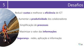 55 Desafios
Reduzir custos e melhorar a eficiência de ICT
Aumentar a produtividade dos colaboradores
Segurança - redes, aplicação e informação
Maximizar o valor das informações
Simplificação de processos
 