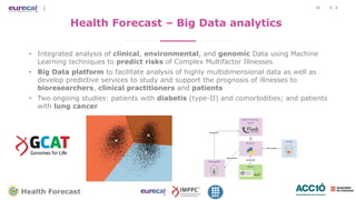 12
Health Forecast – Big Data analytics
• Integrated analysis of clinical, environmental, and genomic Data using Machine
Learning techniques to predict risks of Complex Multifactor Illnesses
• Big Data platform to facilitate analysis of highly multidimensional data as well as
develop predictive services to study and support the prognosis of illnesses to
bioresearchers, clinical practitioners and patients
• Two ongoing studies: patients with diabetis (type-II) and comorbidities; and patients
with lung cancer
 