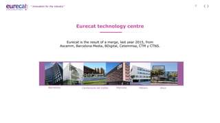“ innovation for the industry” 2
Eurecat technology centre
PRINTED
ELECTRONICS
1 step
Eurecat is the result of a merge, last year 2015, from
Ascamm, Barcelona Media, BDigital, Cetemmsa, CTM y CTNS.
Cerdanyola del VallèsBarcelona Manresa Mataró Reus
 