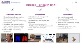 3The eHealth Unit
• Clinical Decision Support systems
for early diagnosis, patient
stratification, prognosis and therapy
management
• Simulation of predictive models
linked to clinical data, omics data,
lifestyle and environmental data
• Data analytics and anomaly
recognition
• mHealth for self-management,
patient empowerment
• Tele assistance, tele health, tele
monitoring
• Adaptive case management.
• Assistive technologies for people with
special needs (the elderly, the
disabled,...)
eurecat – eHealth unit
Personalised medicine Integrated care
1 2
• Gait and Motion analysis
• Musculoskeletal Modeling and
Inverse Dynamics
• Medical and Occupational Health
protocols design
• Integration of Hardware into a
personalized software
Biomechanics
3
 