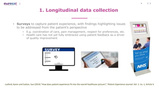 6
1. Longitudinal data collection
• Surveys to capture patient experience, with findings highlighting issues
to be addressed from the patient’s perspective
• E.g. coordination of care, pain management, respect for preferences, etc.
• Health care has not yet fully embraced using patient feedback as a driver
of quality improvement
Luxford, Karen and Sutton, Sue (2014) "How does patient experience fit into the overall healthcare picture?," Patient Experience Journal: Vol. 1: Iss. 1, Article 4.
 