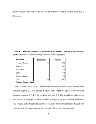 health services come from the far hills of the Rwenzori Mountain covering more than 2
kilometers.
Table 4.7: Showing responses of respondents on whether they have ever accessed
medical services in their community under an outreach program.
Responses Frequency Percent
Strongly Disagree 27 25.0
Disagree 59 54.6
Dont Know 8 7.4
Agree 12 11.1
Strongly Agree 2 1.9
Total 108 100.0
Source: Primary data
Table 4.7 shows that 59 (54.6%) respondents disagreed as having accessed services under
outreach program, 27 (25%) strongly disagreed while 12 (11.1%) agreed to have accessed
outreach programs, 8 (7.4%) did not know and only 2 (1.9%) strongly agreed of having
accessed services through an outreach program. In regard to the Key Informant responses, it
was revealed that outreaches have not been conducted from the time the area flooded with
water because there are no means to the community due to poor roads destroyed.
32
 