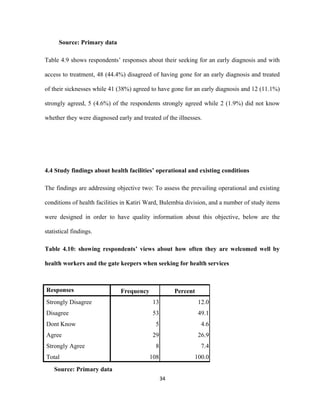 Source: Primary data
Table 4.9 shows respondents’ responses about their seeking for an early diagnosis and with
access to treatment, 48 (44.4%) disagreed of having gone for an early diagnosis and treated
of their sicknesses while 41 (38%) agreed to have gone for an early diagnosis and 12 (11.1%)
strongly agreed, 5 (4.6%) of the respondents strongly agreed while 2 (1.9%) did not know
whether they were diagnosed early and treated of the illnesses.
4.4 Study findings about health facilities’ operational and existing conditions
The findings are addressing objective two: To assess the prevailing operational and existing
conditions of health facilities in Katiri Ward, Bulembia division, and a number of study items
were designed in order to have quality information about this objective, below are the
statistical findings.
Table 4.10: showing respondents’ views about how often they are welcomed well by
health workers and the gate keepers when seeking for health services
Responses Frequency Percent
Strongly Disagree 13 12.0
Disagree 53 49.1
Dont Know 5 4.6
Agree 29 26.9
Strongly Agree 8 7.4
Total 108 100.0
Source: Primary data
34
 