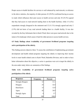 Proper access to health facilities for services is well enhanced by road network, in reference
to the above statistics, the majority of older persons 43 (39.8%) confirmed having no access
to roads which influences their poor access to health services and only 38 (35.2%) agreed
that they had access to road network leading them to the health facilities, while 13 (12%)
respondents strongly disagreed to the statement and 12 (11.1%) strongly agreed and only 2
(1.9%) did not know of any road network leading them to a health facility. It was also
revealed by the Key Informants that in Katiri Ward, there were poor road network due to the
nature of its landscape which causes it hard for older persons to access health services.
4.5 Study findings about Availability of government livelihood programs targeting
active participation of the elderly.
This finding answers objective three: To assess the contribution of implementing government
development and health related programs targeting the elderly in improving their income
levels to meet health related costs in Katiri Ward, Bulembia Division, and in order to have
better information about this objective, a series is questions were set to target the elderly in
the area under study, below are summaries of the findings.
Table 4.14: Availability of government livelihood programs targeting active
participation of the elderly
Responses Frequency Percent
Strongly Disagree 12 11.1
Disagree 35 32.4
Dont Know 15 13.9
Agree 42 38.9
Strongly Agree 4 3.7
Total 108 100.0
37
 