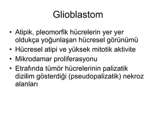 Glioblastom Atipik, pleomorfik hücrelerin yer yer oldukça yoğunlaşan hücresel görünümü Hücresel atipi ve yüksek mitotik aktivite Mikrodamar proliferasyonu Etrafında tümör hücrelerinin palizatik dizilim gösterdiği (pseudopalizatik) nekroz alanları 