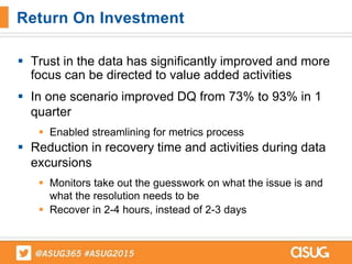  Trust in the data has significantly improved and more
focus can be directed to value added activities
 In one scenario improved DQ from 73% to 93% in 1
quarter
 Enabled streamlining for metrics process
 Reduction in recovery time and activities during data
excursions
 Monitors take out the guesswork on what the issue is and
what the resolution needs to be
 Recover in 2-4 hours, instead of 2-3 days
Return On Investment
 