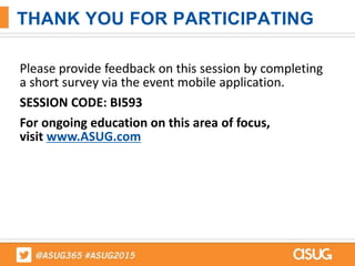 THANK YOU FOR PARTICIPATING
Please provide feedback on this session by completing
a short survey via the event mobile application.
SESSION CODE: BI593
For ongoing education on this area of focus,
visit www.ASUG.com
 