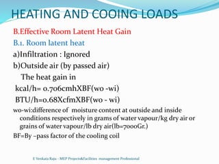 HEATING AND COOING LOADS
B.Effective Room Latent Heat Gain
B.1. Room latent heat
a)Infiltration : Ignored
b)Outside air (by passed air)
The heat gain in
kcal/h= 0.706cmhXBF(wo -wi)
BTU/h=0.68XcfmXBF(wo - wi)
wo-wi:difference of moisture content at outside and inside
conditions respectively in grams of water vapour/kg dry air or
grains of water vapour/lb dry air(lb=7000Gr.)
BF=By –pass factor of the cooling coil
E Venkata Raju - MEP Projects&Facilities management Professional
 