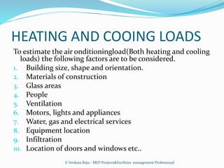 HEATING AND COOING LOADS
To estimate the air onditioningload(Both heating and cooling
loads) the following factors are to ...