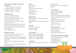 48 ARCHITECTURALLY DESIGNED, CONTEMPORARY
TOWNHOMES:
11 x 4 Bedroom, 2.5 Bathroom, 2 Car Townhomes
33 x 3 Bedroom, 2.5 Bathroom, 2 Car Townhomes
2 x 2 Bedroom, 2 Bathroom, 1 Car Town-villas
2 x 3 Bedroom, 2 Bathroom, 1 Car Town-villas
TOWNHOME FEATURES:
Perfect For Downsizing - Lock Up And Leave
Options for First Homes Buyers and Families
Functional & Spacious Open Plan Architectural Designs
Freestanding and Duplex options available
Clean simple linear design, set on one, two & three levels,
designed for modern living
Low Maintenance landscaped private courtyards and gardens
Spacious open plan living areas with deck/court yard/ patio’s
Generous outdoor entertaining private courtyards with paved
terraces and gardens
Low Pet-Friendly Body Corporate
RESIDENCE INCLUSIONS:
Air-conditioning to main living area and master bedroom
Ceiling fans to all bedrooms and living areas
Stone Bench Tops to Kitchen, Ensuite, Bathroom and Study nooks.
DéLonghi Appliances (Dishwasher, Elec. Oven, Range & Gas Cook
Top) to Kitchen
Secure Auto Garage car accommodation/storage for each
property
High standard of interior finishes with quality materials, fittings
and fixtures throughout
LOCATION:
Quiet no through road
Opposite *Park
Short drive to major amenities & facilities
Close to Schools
1.6km to Shopping Centre
260m to Bus Stop
10km to Brisbane CBD
COMMUNICATION:
Provision of telephone lines to each residence (Subject to
Telstra Installation)
National Broadband Network capability (Subject to NBN Co
Roll-out)
OUTGOINGS:
Body Corporate – ~$36 - $41pw
Council Rates - ~$1,500pa
Water Rates - ~$700pa
RENTAL FORECASTS:
3 Bedroom Townhouse ‐ $490pw to $550pw  
4 Bedroom Townhouse - $560pw to $590pw 
2 Bedroom Town-villa - $400pw to $440pw 
3 Bedroom Town-villa - $440pw to $470pm
CONSTRUCTION:
Anticipated commencement April 2015 – completion March
2016
SELLER / DEVELOPER:
88Q Holdings Pty Ltd atf The 88Q Trust / EkkoPoint
Properties
TITLE DESCRIPTION:
Standard Format Plan (Townhouses)
Building Format Plan (Town-villas)
TERMS OF PURCHASE
Secure Your Future Today With A $1,000 Holding Deposit
10% deposit (cash, bank guarantee, electronic transfer or
similar approved)
Deposits held by Lawlab (Vendor’s lawyer)
Settlement 14 days after notification of
registration of title
Buy ‘Off the Plan’ Now & $ave
INTEREST ON DEPOSIT
Interest will be credited 50% towards the
purchaser at settlement
Architect: Paul Butterworth │
Builder: Vantage Holdings Australia Pty Ltd
FOR FURTHER INFORMATION AND ASSISTANCE
Please contact EkkoPoint Properties Sales Manager
Mark Shorrock │0434 424 814 │
mshorrock@ekkopoint.com.au
www.info@ekkopoint.com.au │
www.ekkopoint.com.au
V IC I N ITYE V E R T O N P A R K
 