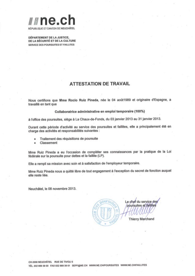 Certificat de Travail  Office des Poursuites
