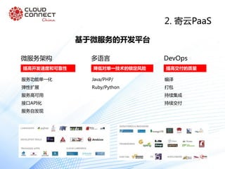 2. 寄云PaaS
基于微服务的开发平台
微服务架构
服务功能单一化
弹性扩展
服务高可用
接口API化
服务自发现
提高开发速度和可靠性
多语言
Java/PHP/
Ruby/Python
降低对单一技术的锁定风险
DevOps
编译
打包
持续集成
持续交付
提高交付的质量
 