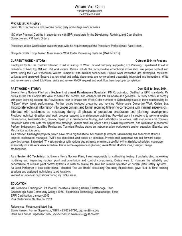 resume for van carrin ic tech ic planner and procedure writer certified writer resume
