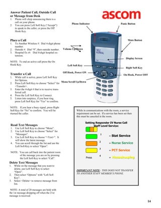 14
Read Text Messages
1. Use Left Soft Key to choose “Menu”.
2. Use Left Soft Key to choose “Select” for
“Messages”.
3. Use Left Soft Key to choose “<Text>”. It
will show the latest message.
4. You can scroll through the list and use the
Left Soft Key to select “Open”.
NOTE: You can call back into the patient room
of the message you are on by pressing
the Left Soft Key to select “Call”.
While in communications with the room, a service
requirement can be set. If a service has been set then
this must be canceled in the room.
Setting Responder IV Nurse Call
Staff Level Service:
Press = Stat Service
Press = Nurse Service
Press = PCT Service
Press = HHHooouuussseeekkkeeeeeepppiiinnnggg
IMPORTANT NOTE: THIS DOES NOT TRANSFER
TO ANOTHER STAFF MEMBER’S PHONE.
Panic Button
Volume Up/Down
Phone Indicator
Mute Button
Display Screen
Right Soft Key
On Hook, Power OFF
Left Soft Key
Menu Scroll Up/Down
Off Hook, Power ON
3
2
1
4
Delete Text Messages
1. While on the message that you want to
delete, use Left Soft Key to select
“Open”.
2. Then select “Options” with “Left Soft
Key”.
3. Select <Delete> to remove message from
list.
NOTE: A total of 20 messages are held with
the 1st message dropping off when the 21st
message is received.
Answer Patient Call, Outside Call
or Message from Desk
1. Phone will chirp announcing there is a
call on your phone.
2. You can press Left Soft Key (“Accept”)
to speak to the caller, or press the Off
Hook Key.
Place a Call
1. To Another Wireless #: Dial 4-digit phone
number.
2. Outside #: Dial “9”, then outside number.
3. Hospital Ex t#: Dial 4-digit hospital ex-
tension.
NOTE: To end an active call press the On
Hook Key.
Transfer a Call
1. While call is active, press Left Soft Key
for Options.
2. Press Left Soft Key to choose “Select” for
<Transfer>.
3. Enter the 4-digit # that is to receive trans-
ferred call.
4. Press the Left Soft Key to Connect.
5. Listen into earpiece, if you hear ring,
press Left Soft Key for “Yes” to confirm.
NOTE: If you hear a busy signal, press Right
Soft Key for “No” to confirm. You will be
rturned the caller.
 