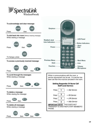 19
While in communications with the room, a
service requirement can be set. If a service has
been set then this must be canceled in the room.
Setting Responder IV Nurse Call
Staff Level Service:
Press = Stat Service
Press = RN Service
Press = LPN Service
Press = Aide Service
IMPORTANT NOTE: THIS DOES NOT
TRANSFER TO ANOTHER STAFF MEMBER’S
PHONE.
To acknowledge and clear message:
Press then
To dial back into room (Without clearing message)
While viewing a message
Press then
To hangup, press
To access a previously received message:
Press then
To scroll through the messages:
While viewing a message
Press then or
To delete a message:
While viewing the message:
Press then
To delete all messages:
While viewing a message
Press then then
3
1
2
4
 