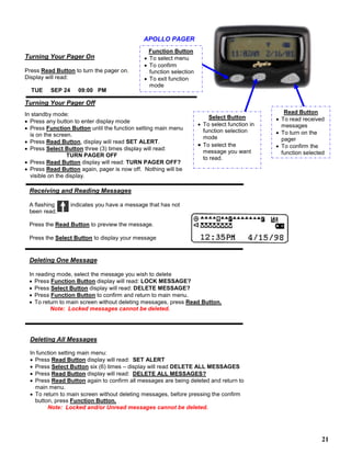 21
APOLLO PAGER
Turning Your Pager On
Press Read Button to turn the pager on.
Display will read:
TUE SEP 24 09:00 PM
Turning Your Pager Off
In standby mode:
• Press any button to enter display mode
• Press Function Button until the function setting main menu
is on the screen.
• Press Read Button, display will read SET ALERT.
• Press Select Button three (3) times display will read:
TURN PAGER OFF
• Press Read Button display will read: TURN PAGER OFF?
• Press Read Button again, pager is now off. Nothing will be
visible on the display.
Receiving and Reading Messages
A flashing indicates you have a message that has not
been read.
Press the Read Button to preview the message.
Press the Select Button to display your message
Deleting One Message
In reading mode, select the message you wish to delete
• Press Function Button display will read: LOCK MESSAGE?
• Press Select Button display will read: DELETE MESSAGE?
• Press Function Button to confirm and return to main menu.
• To return to main screen without deleting messages, press Read Button.
Note: Locked messages cannot be deleted.
Deleting All Messages
In function setting main menu:
• Press Read Button display will read: SET ALERT
• Press Select Button six (6) times – display will read DELETE ALL MESSAGES
• Press Read Button display will read: DELETE ALL MESSAGES?
• Press Read Button again to confirm all messages are being deleted and return to
main menu.
• To return to main screen without deleting messages, before pressing the confirm
button, press Function Button.
Note: Locked and/or Unread messages cannot be deleted.
Select Button
• To select function in
function selection
mode
• To select the
message you want
to read.
Read Button
• To read received
messages
• To turn on the
pager
• To confirm the
function selected
Function Button
• To select menu
• To confirm
function selection
• To exit function
mode
 