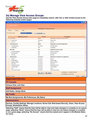 47
2a) Manage View Access Groups
Use the View Access Group main page to completely restrict, offer full, or offer limited access to the
following modules and/or pages:
Selecting “Edit” means that the User will be able to view and make changes in a module or on a given
page; selecting “Read” means that the User will be able to view but not makes changes in a module
or on a given page; selecting “No Access” means that the module won’t appear in the Module Selec-
tor menu.
Application/Screen
PC Console
Census View, List View
Staff Assignment
Add Notes, Assign Beds
My Profile
My Bed Assignments, My Preferences, My Status
Administration
Devices, Facility Settings, Manage Locations, Nurse Call, Role-based Security, Users, View Access
Groups, Workstation Setup
 
