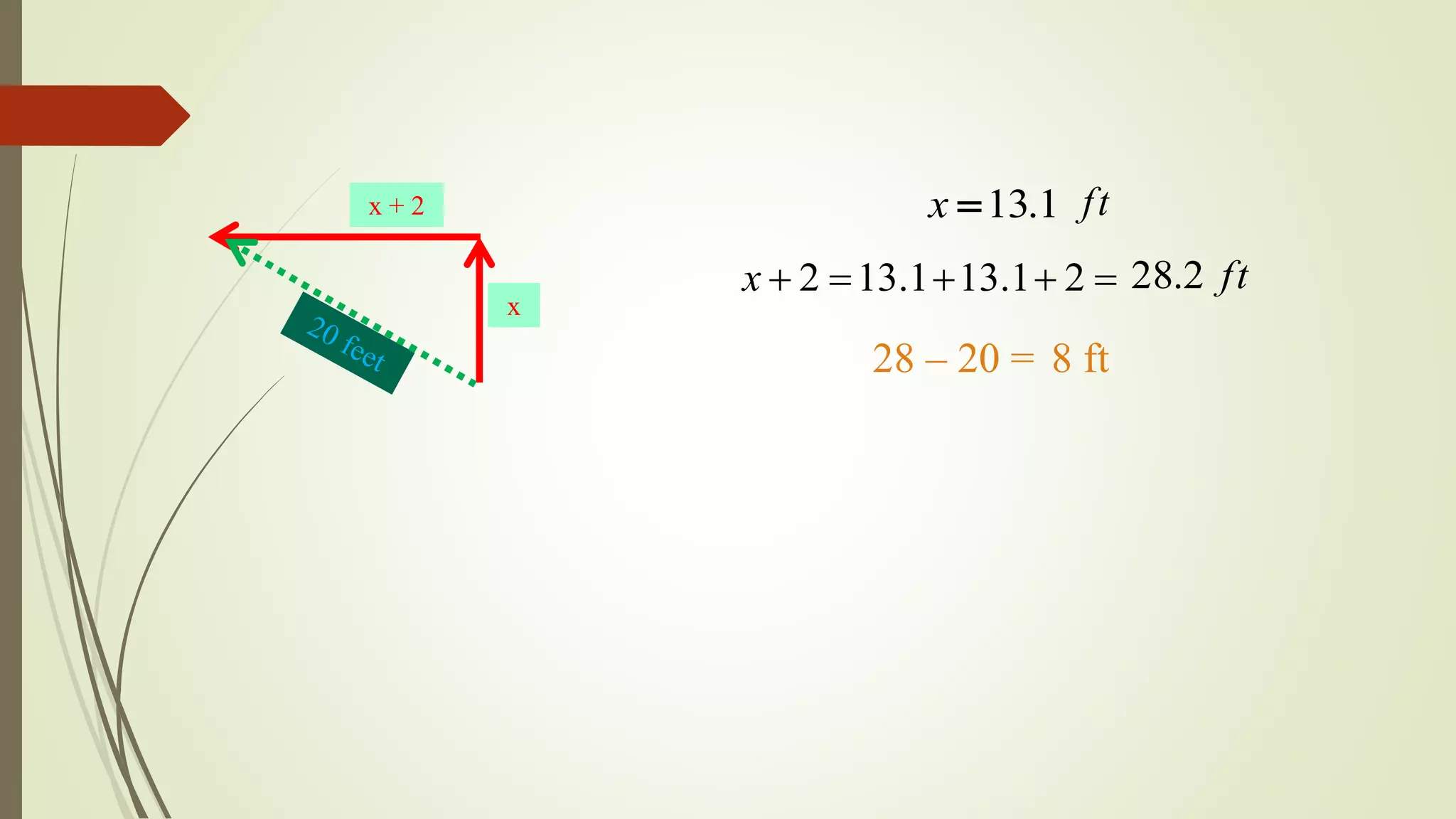 x + 2
x
1.13x
ft2.28
ft
 21.131.132x
28 – 20 = 8 ft
 