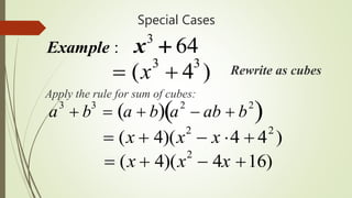 Special Cases
3
: 64Example x 
 (x3
 43
) Rewrite as cubes
Apply the rule for sum of cubes:
a
3
 b
3
 a  b  a
2
 ab  b
2
 
 (x  4)(x2
 4x 16)
 (x  4)(x2
 x 4  42
)
 
