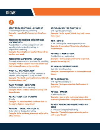 IDIOMS
A
ABOUT TO (DO SOMETHING) - A PUNTO DE
To be on the point of doing something
Example: I was about to leave when the phone
rang.
ACCORDING TO (SOMEONE OR SOMETHING)
- DE ACUERDO A
As said or told by someone, in agreement with
something, in the order of something, in
proportion to something
Example: According to our teacher, there will be
no class next week.
ACCOUNT FOR (SOMETHING) - EXPLICAR
To provide an explanation or an answer for something
Example: The bad weather accounts for the fact
that few people came to the meeting.
AFTER ALL - DESPUÉS DE TODO
Considering the fact that something happened or
happens, something that is usually assumed
Example: “You don’t need to phone him. After all,
he never phones you.”
ALL OF A SUDDEN - DE REPENTE
Suddenly, without advance warning
Example: All of a sudden, it became cloudy and
began to rain.
AS A MATTER OF FACT - DE HECHO
Actually
Example: “As a matter of fact, we have been to
the sports stadium many times.”
AS FAR AS - I KNOW / POR LO QUE SE
To the extent or degree of something
Example: As far as I know, the movie will start in
a few minutes.
AS FOR - MY SELF / EN CUANTO A MÍ
With regard to, concerningw
Example: “As for myself, I think that I will return
home now.”
AS IF - COMO SI
In the same way that something would be, that
Example: It seemed as if the whole school came
to the concert.
AS LONG AS - MIENTRAS QUE
Provided that, on condition that
Example: “As long as you promise to be careful,
you can borrow my car.”
AS SOON AS - TAN PRONTO COMO
Just after something, when
Example: I phoned my friend as soon as I finished
dinner.
AS TO - EN CUANTO A
With regard to, according to
Example: “As to your question, I will answer it
tomorrow.”
AS WELL - TAMBIÉN
In addition, also, too
Example: I plan to take swimming lessons this
summer. I plan to take a computer course as well.
AS WELL AS (SOMEONE OR SOMETHING) - ASI
COMO
In addition to someone or something
Example: “Please bring your swimming suit as
well as your towel.”
 