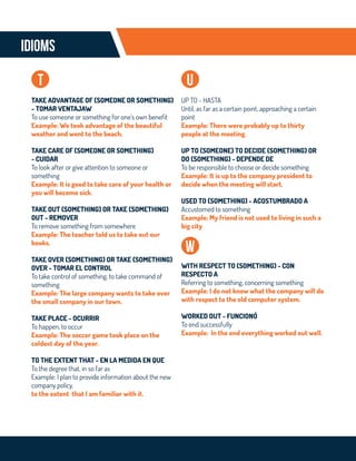 IDIOMS
TAKE ADVANTAGE OF (SOMEONE OR SOMETHING)
- TOMAR VENTAJAW
To use someone or something for one’s own benefit
Example: We took advantage of the beautiful
weather and went to the beach.
TAKE CARE OF (SOMEONE OR SOMETHING)
- CUIDAR
To look after or give attention to someone or
something
Example: It is good to take care of your health or
you will become sick.
TAKE OUT (SOMETHING) OR TAKE (SOMETHING)
OUT - REMOVER
To remove something from somewhere
Example: The teacher told us to take out our
books.
TAKE OVER (SOMETHING) OR TAKE (SOMETHING)
OVER - TOMAR EL CONTROL
To take control of something, to take command of
something
Example: The large company wants to take over
the small company in our town.
TAKE PLACE - OCURRIR
To happen, to occur
Example: The soccer game took place on the
coldest day of the year.
TO THE EXTENT THAT - EN LA MEDIDA EN QUE
To the degree that, in so far as
Example: I plan to provide information about the new
company policy,
to the extent that I am familiar with it.
t u
UP TO - HASTA
Until, as far as a certain point, approaching a certain
point
Example: There were probably up to thirty
people at the meeting.
UP TO (SOMEONE) TO DECIDE (SOMETHING) OR
DO (SOMETHING) - DEPENDE DE
To be responsible to choose or decide something
Example: It is up to the company president to
decide when the meeting will start.
USED TO (SOMETHING) - ACOSTUMBRADO A
Accustomed to something
Example: My friend is not used to living in such a
big city
WITH RESPECT TO (SOMETHING) - CON
RESPECTO A
Referring to something, concerning something
Example: I do not know what the company will do
with respect to the old computer system.
WORKED OUT - FUNCIONÓ
To end successfully
Example: In the end everything worked out well.
w
 