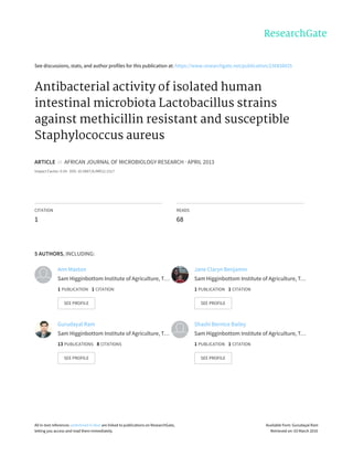 See	discussions,	stats,	and	author	profiles	for	this	publication	at:	https://www.researchgate.net/publication/236838425
Antibacterial	activity	of	isolated	human
intestinal	microbiota	Lactobacillus	strains
against	methicillin	resistant	and	susceptible
Staphylococcus	aureus
ARTICLE		in		AFRICAN	JOURNAL	OF	MICROBIOLOGY	RESEARCH	·	APRIL	2013
Impact	Factor:	0.54	·	DOI:	10.5897/AJMR12.1517
CITATION
1
READS
68
5	AUTHORS,	INCLUDING:
Ann	Maxton
Sam	Higginbottom	Institute	of	Agriculture,	T…
1	PUBLICATION			1	CITATION			
SEE	PROFILE
Jane	Claryn	Benjamin
Sam	Higginbottom	Institute	of	Agriculture,	T…
1	PUBLICATION			1	CITATION			
SEE	PROFILE
Gurudayal	Ram
Sam	Higginbottom	Institute	of	Agriculture,	T…
13	PUBLICATIONS			8	CITATIONS			
SEE	PROFILE
Shashi	Bernice	Bailey
Sam	Higginbottom	Institute	of	Agriculture,	T…
1	PUBLICATION			1	CITATION			
SEE	PROFILE
All	in-text	references	underlined	in	blue	are	linked	to	publications	on	ResearchGate,
letting	you	access	and	read	them	immediately.
Available	from:	Gurudayal	Ram
Retrieved	on:	03	March	2016
 