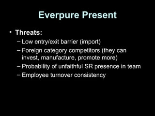 Everpure Present
• Threats:
– Low entry/exit barrier (import)
– Foreign category competitors (they can
invest, manufacture, promote more)
– Probability of unfaithful SR presence in team
– Employee turnover consistency
 